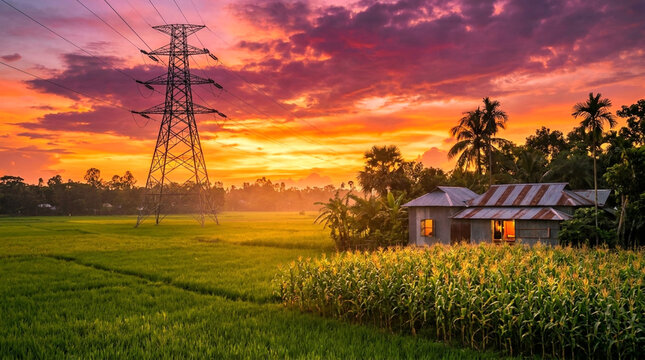 A serene rural landscape featuring a rustic house, cornfield, and a large electricity pylon under a vibrant, colorful sunset sky