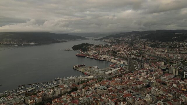 Aerial View of Vigo City Coastline and Harbor Galicia Spain
