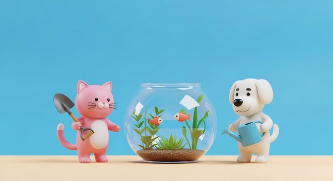 猫と犬、水槽を世話します