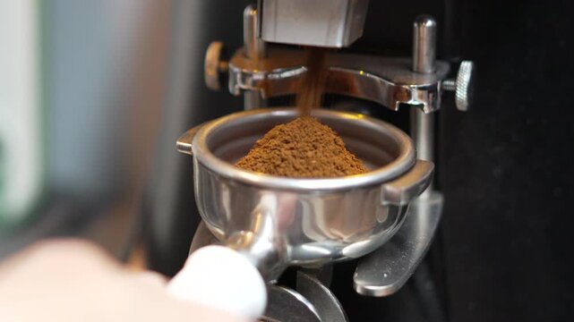 Coffee grinder portafilter pouring freshly ground roasted coffee into a metal holder for espresso preparation in a professional cafe