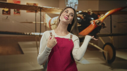 Woman in a red apron touching her neck and flipping hair beside a vintage biplane propeller in a building exhibit  playful confidence. © Krakenimages.com
