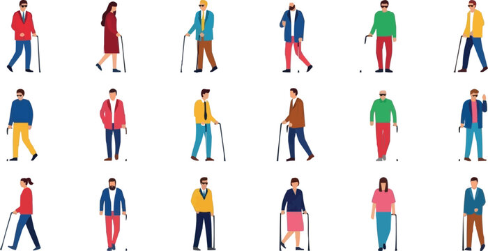 A Set of Fifteen Illustrations Depicting Diverse Individuals with Visual Impairments Using Canes, Featuring Various Ages, Genders, and Fashion Styles for Accessibility and Inclusion