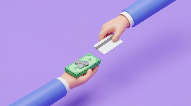 3d illustration of a hand holding a credit card and a hand holding a stack of cash on purple background
