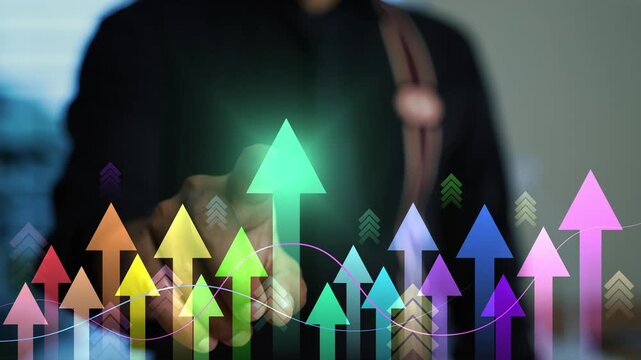 Business graph bar with arrows holographic animation clicking a man