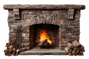 Obraz premium Stone fireplace and hearth with firewood, tool set, and natural stone texture