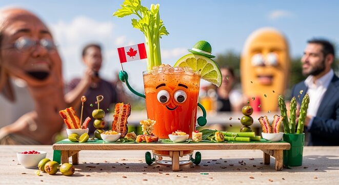 Whimsical Caesar cocktail character with googly eyes holding a Canadian flag on a serving board with garnishes, creative food art, and Canadian culture concept generative AI