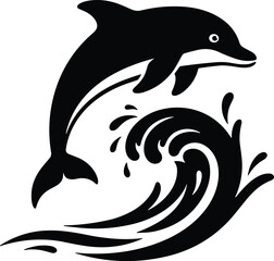 Fototapeta premium Majestic Jumping Dolphin Silhouette Art Featuring Ocean Waves in Bold Black and White Line Style for Marine Branding and Decals