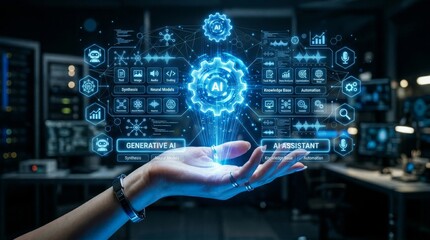 Fototapeta premium Hand holding holographic AI gear interface