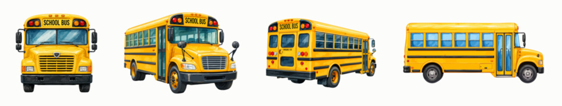 Mini yellow school bus collection with front, angled, rear and side views for classroom transport and education designs. Vector illustration.