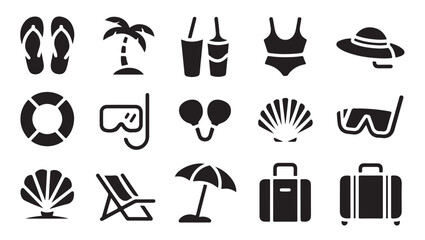 Beach travel icons set with summer holiday accessories and vacation items in flat style. © MD.RAHIM