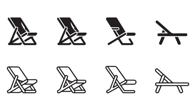 Collection of beach chair icons in various styles and positions for outdoor relaxation.