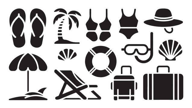 Beach vacation elements icon set isolated on white background with travel related symbols.