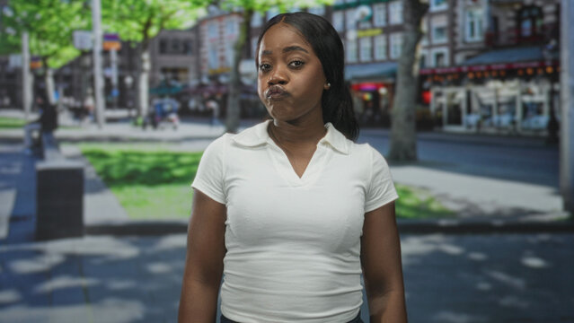 Woman pressing cheeks with fingers while pouting and pointing to face in street city sidewalk; playful.