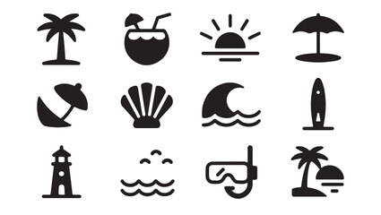 Set of black beach and summer vacation icons illustrating tropical travel and maritime themes. © MD.RAHIM