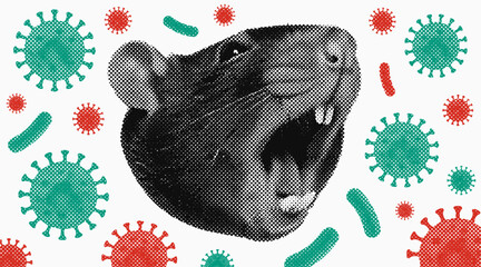 Fototapeta premium rat with virus and bacteria, infectious disease spread, quarantine design, pandemic risk illustration