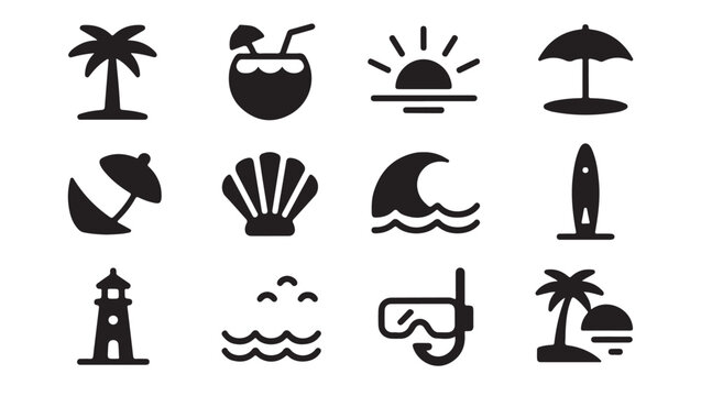Set of black beach and summer vacation icons illustrating tropical travel and maritime themes.