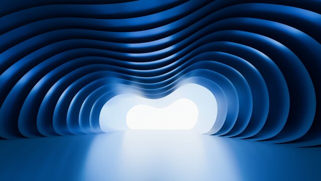Abstract 3D render of blue wavy parametric interior with bright light at the end of tunnel, futuristic background