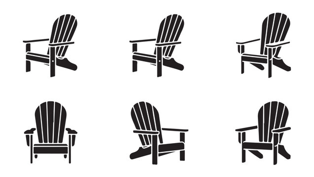 Set of six black adirondack chair icons in different angles for garden or beach settings.