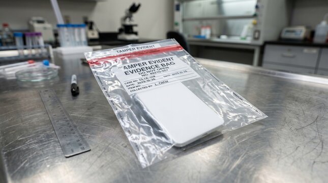 A tamper-evident plastic evidence bag sitting on a stainless steel forensic lab table. The bag contains a completely blank white object (like a phone or card) for copy space.