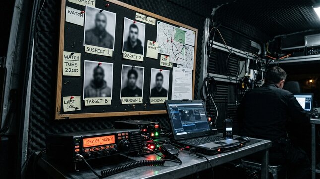 Inside an undercover surveillance van. Blurry photos of suspects (blank for mockup) are pinned to a dark board. Glowing radio equipment in the foreground