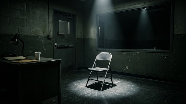A dark, intimidating police interrogation room. A bright spotlight shines on an empty metal chair. The background features a large, dark one-way mirror.