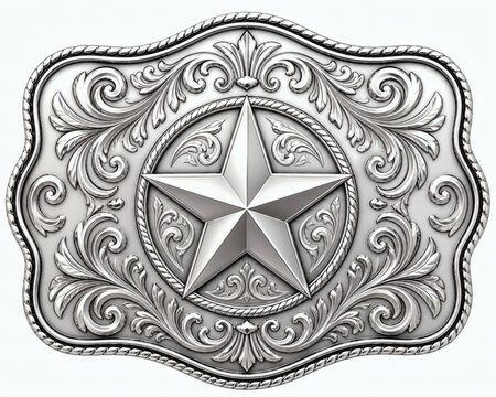 Silver western belt buckle with lone star emblem and engraved floral scrolls 3d illustration