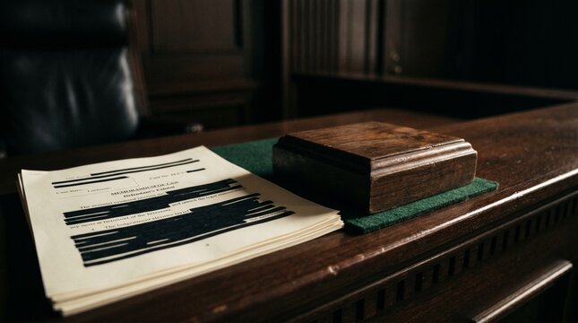 A close-up of a judge's wooden striking block. A heavily redacted legal brief lies next to it. Dark, dramatic shadows emphasizing the authority of the court.