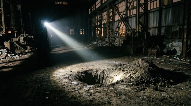 A harsh police flashlight beam cutting through the darkness of an abandoned factory, illuminating a freshly dug, empty hole in the dirt floor.