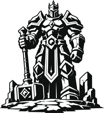 Heavy armored knight holding war hammer vector illustration, fantasy warrior paladin silhouette, medieval soldier mascot.