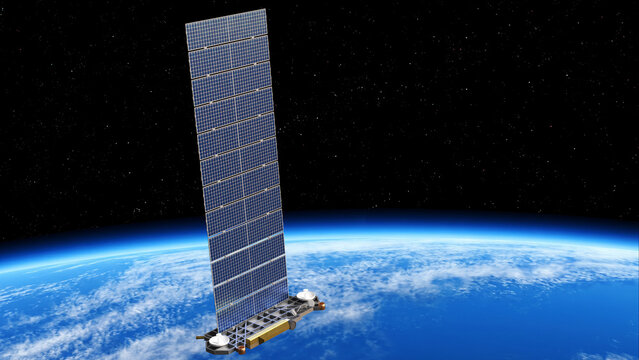 Artist Depiction (3d illustration) of the a starlink satellite in orbit.