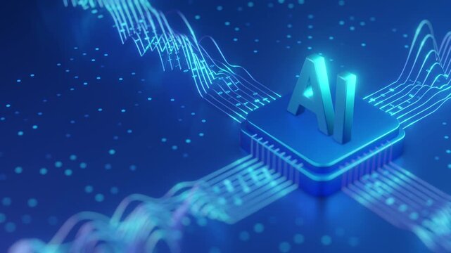 3D glowing AI text on a blue circuit chip with flowing data waves and dot particles on bright blue background. Ideal for artificial intelligence, machine learning, and technology innovation concepts.