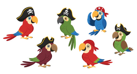 Naklejka premium Group of seven cute cartoon parrots dressed as pirates with hats, bandanas, and eye patches in vibrant red, green, and blue colors.