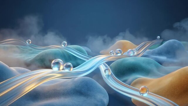 Microscopic 3D animation of serum droplets absorbing into skin layers with moisture wicking effect