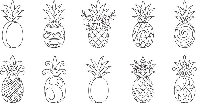  Geometric and abstract pineapple line art vector illustration set.