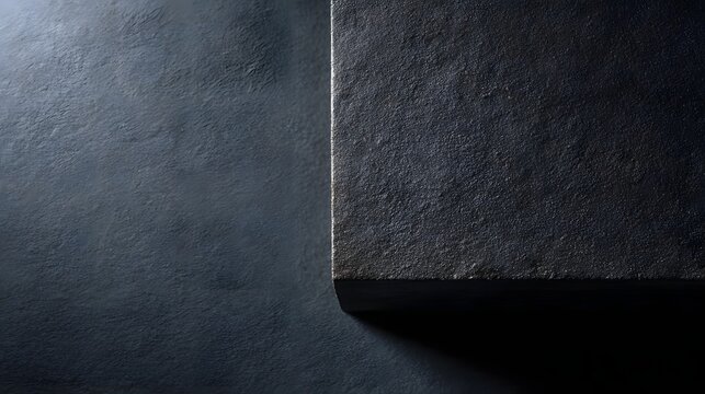 A sleek dark gray mineral block rests upon a complementary textured surface creating a dramatic and minimalist composition