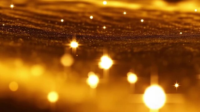 Illuminated golden candles glow with a bright bokeh sparkle in the night church, creating a blurred holiday backdrop of shiny yellow and orange light for a peaceful Christmas celebration