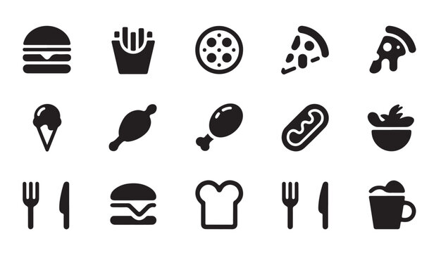 Restaurant and diner menu icon set showing burgers fried chicken pizza slices and drinks.