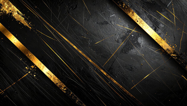 Minimalist Black Stone Texture with Gold Cracks and Metallic Paint Splatters
