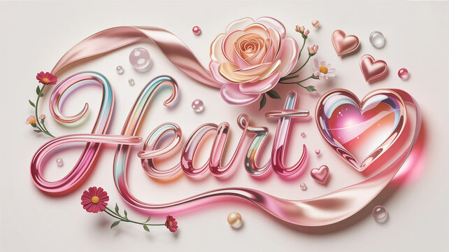 Elegant cursive script spelling Heart surrounded by pink roses, pearls, and decorative hearts on a clean white surface.