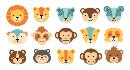 Obraz premium Grid of charming animal face icons including lions, monkeys, bears, and other friendly creatures for kids.