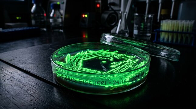 Glowing Bioluminescent Bacteria Culture in Petri Dish