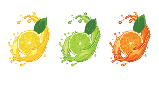 Refreshing citrus fruit slices of lemon lime and orange each with a dynamic juice splash and green leaves on a white background.