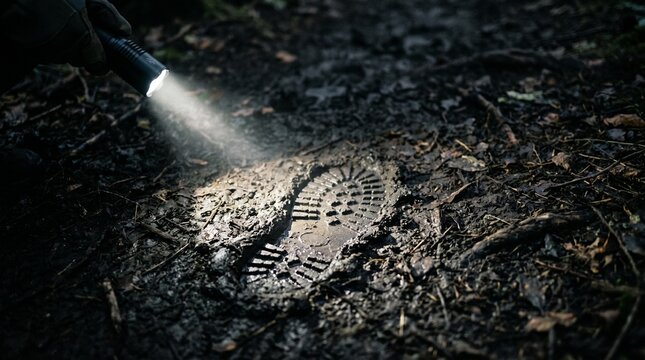 Flashlight Beam Illuminating Muddy Boot Print at Night