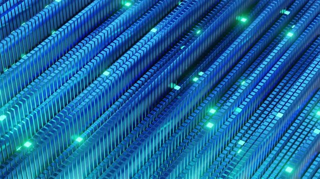 Abstract 3D blue isometric block grid with wave pattern and glowing green dots on a technology background. Perfect for data visualization, server, AI, computing, and futuristic design concepts.