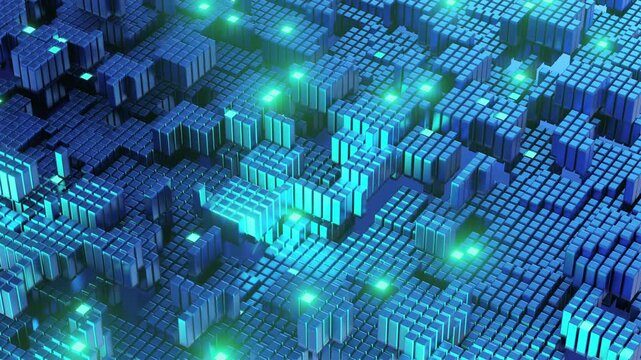 Abstract 3D blue and cyan block grid resembling a digital city map with varying heights and glowing green dots viewed from above. Ideal for big data, smart city, AI, and technology concepts.