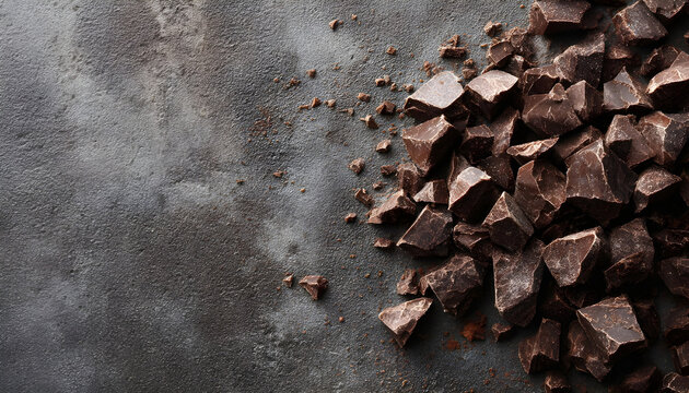 Chocolate chunks on dark grey textured background, closeup