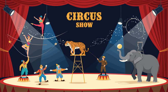 Exciting circus show performance with acrobats tightrope walkers clowns an elephant and a tiger on a stage with brilliant spotlights.