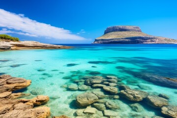 Obraz premium Balos lagoon crystal clear turquoise water washing over underwater rocks with gramvousa island in background