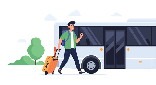 Young male traveler carrying a backpack and pulling a suitcase while walking past a white shuttle bus on a clear sunny day with trees.