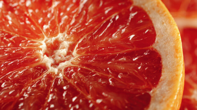 Extreme close-up of fresh blood orange slice showing vivid red flesh texture and juicy segments on warm background
